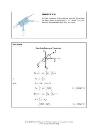 SOLUT
or
With
TION
F
y
F
Σ
B
F
A
F
B
F
x
F
Σ
C
F
PRO
A wel
four fo
determ
Free-Body Di
0: D
F
= − −
3
5
D A
F F
= +
5 kN, D
F
=
5 3
6 kN
3 5
⎡
= +
⎢
⎣
0: C
F
= − +
4
(
5
4
(15 kN
5
B A
F F
= −
= −
BLEM 2.54
lded connectio
forces shown.
mine the magn
iagram of Co
3 3
5 5
A B
F F
+ =
8 kN
=
3
(5 kN)
5
⎤
⎥
⎦
4 4
5 5
B A
F F
− =
)
5 kN)
4
on is in equili
Knowing tha
nitudes of the o
nnection
0
=
0
=
ibrium under t
at 5
A
F = kN
other two forc
F
F
the action of
and 6
D
F = k
es.
15.00 kN
B
F =
8.00 kN
C
F =
the
kN,
Copyright © McGraw-Hill Education. Permission required for reproduction or display.
www.elsolucionario.org
 
