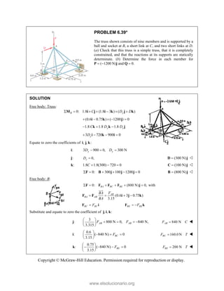 Copyright © McGraw-Hill Education. Permission required for reproduction or display.
PROBLEM 6.39*
The truss shown consists of nine members and is supported by a
ball and socket at B, a short link at C, and two short links at D.
(a) Check that this truss is a simple truss, that it is completely
constrained, and that the reactions at its supports are statically
determinate. (b) Determine the force in each member for
P  (1200 N)j and Q  0.
SOLUTION
Free body: Truss:
0: 1.8 (1.8 3 ) ( )
B y
C D D
      
M i j i k j k
(0.6 0.75 ) ( 1200 ) 0
    
i k j
1.8 1.8 1.8
y z
C D D
  
k k j
3 720 900 0
y
D
   
i k i
Equate to zero the coefficients of , , :
i j k
i: 3 900 0, 300 N
y y
D D
  
j: 0,

z
D (300 N)

D j 
k: 1.8 1.8(300) 720 0
C    (100 N)

C j 
0: 300 100 1200 0
     
F B j j j (800 N)

B j 
Free body: B:
0: (800 N) 0,
BA BC BE
     
F F F F j with
(0.6 3 0.75 )
3.15
AB
BA AB
F
BA
BA
   
F F i j k


BC BC
F

F i BE BE
F
 
F k
Substitute and equate to zero the coefficient of , , :
j i k
j:
3
800 N 0, 840 N,
3.315
AB AB
F F
 
   
 
 
840 N
AB
F C
 
i:
0.6
( 840 N) 0
3.15
BC
F
 
  
 
 
160.0 N

BC
F T 
k:
0.75
( 840 N) 0
3.15
BE
F
 
  

 
 
200 N
BE
F T
 
www.elsolucionario.org
 