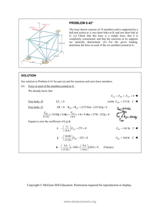 Copyright © McGraw-Hill Education. Permission required for reproduction or display.
PROBLEM 6.42*
The truss shown consists of 18 members and is supported by a
ball and socket at A, two short links at B, and one short link at
G. (a) Check that this truss is a simple truss, that it is
completely constrained, and that the reactions at its supports
are statically determinate. (b) For the given loading,
determine the force in each of the six members joined at G.
SOLUTION
See solution to Problem 6.41 for part (a) and for reactions and zero-force members.
(b) Force in each of the members joined at G.
We already know that
0
CG DG FG
F F F
   
Free body: H: 0
x
F
  yields 275 lb
GH
F C
 
Free body: G: 0: (275 lb) (252 lb) 0
GB GE
     
F F F i j
( 10.08 9.6 ) ( 11 9.6 ) 275 252 0
13.92 14.6
       
BG EG
F F
j k i k i j
Equate to zero the coefficient of i, j, k:
11
: 275 0
14.6
EG
F
 
  
 
 
i 365 lb
EG
F T
 
10.08
: 252 0
13.92
BG
F
 
  
 
 
j 348 lb
BG
F C
 
9.6 9.6
: ( 348) (365) 0
13.92 14.6
   
  
   
   
k (Checks)
www.elsolucionario.org
 