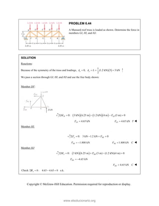 Copyright © McGraw-Hill Education. Permission required for reproduction or display.
PROBLEM 6.44
A Mansard roof truss is loaded as shown. Determine the force in
members GI, HI, and HJ.
SOLUTION
Reactions:
Because of the symmetry of the truss and loadings,  
1
0, (1.2 kN) 5 3 kN
2
x y
A A L
   
We pass a section through GI, HI, and HJ and use the free body shown:
Member DF:
     
0: 3 kN 6.25 m 1.2 kN 4 m (3 m) 0
H GI
M F
    
4.65 kN
GI
F  4.65 kN
GI
F T
 
Member HI:
0: 3 kN 1.2 kN 0
y HI
F F
    
1.800 kN
HI
F   1.800 kN
HI
F C
 
Member HJ:
  
0: 3 kN 6.25 m (3 m) (1.2 kN)(4 m) 0
I HJ
M F
    
4.65 kN
HJ
F  
4.65 kN
HJ
F C
 
Check 0 : 4.65 4.65 0 o.k.
x
   
F
www.elsolucionario.org
 