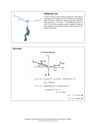 SOLUT
TION
P
A
su
ca
K
ca
th
su
Free-B
0:
x A
F T
Σ =
A
T
0: (30
y
F
Σ =
+
PROBLEM
A sailor is bein
uspended from
able ACB and
Knowing that α
able CD is 20
he boatswain’s
upport cable A
Body Diagram
cos 15
ACB T
°−
304.04 l
ACB =
04.04 lb)sin 1
(20 lb)sin 25
+
2.56
ng rescued usi
m a pulley that
d is pulled at a
α = 25° and β
0 lb, determin
s chair and th
ACB.
m
cos 25
ACB
T ° −
lb
5 (304.04 l
° +
5 0
215.6
W
W
° − =
=
ing a boatswa
t can roll freel
a constant spe
β = 15° and th
ne (a) the com
he sailor, (b) th
(20 lb)cos 25
lb)sin 25°
64 lb
(a)
(b) T
ain’s chair that
ly on the supp
eed by cable C
hat the tension
mbined weight
he tension in
5 0
° =
216 lb
W =
304 lb
ACB
T =
t is
port
CD.
n in
t of
the
Copyright © McGraw-Hill Education. Permission required for reproduction or display.
www.elsolucionario.org
 