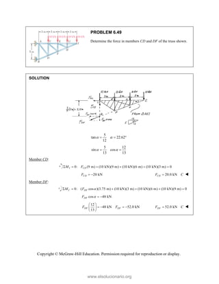 Copyright © McGraw-Hill Education. Permission required for reproduction or display.
PROBLEM 6.49
Determine the force in members CD and DF of the truss shown.
SOLUTION
5
tan 22.62
12
 
  
5 12
sin cos
13 13
 
 
Member CD:
0: (9 m) (10 kN)(9 m) (10 kN)(6 m) (10 kN)(3 m) 0
I CD
M F
     
20 kN
CD
F   20.0 kN
CD
F C
 
Member DF:
0: ( cos )(3.75 m) (10 kN)(3 m) (10 kN)(6 m) (10 kN)(9 m) 0
C DF
M F 
     
cos 48 kN
DF
F   
12
48 kN 52.0 kN
13
DF DF
F F
 
   
 
 
52.0 kN
DF
F C
 
www.elsolucionario.org
 
