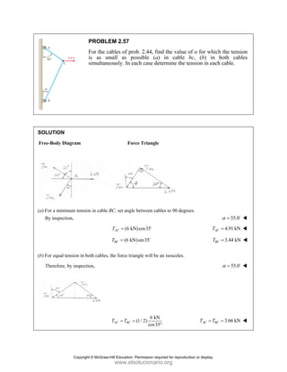 PROBLEM 2.57
For the cables of prob. 2.44, find the value of α for which the tension
is as small as possible (a) in cable bc, (b) in both cables
simultaneously. In each case determine the tension in each cable.
SOLUTION
Free-Body Diagram Force Triangle
(a) For a minimum tension in cable BC, set angle between cables to 90 degrees.
By inspection, 35.0
α = D
(6 kN)cos35
AC
T = D
4.91 kN
AC
T =
(6 kN)sin35
BC
T = D
3.44 kN
BC
T =
(b) For equal tension in both cables, the force triangle will be an isosceles.
Therefore, by inspection, 55.0
α = D
6 kN
(1/ 2)
cos35
AC BC
T T
= =
°
3.66 kN
AC BC
T T
= =
Copyright © McGraw-Hill Education. Permission required for reproduction or display.
www.elsolucionario.org
 