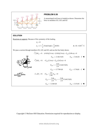 Copyright © McGraw-Hill Education. Permission required for reproduction or display.
PROBLEM 6.56
A monosloped roof truss is loaded as shown. Determine the
force in members EG, GH, and HJ.
SOLUTION
Reactions at supports: Because of the symmetry of the loading,
0
1 1
(Total load) (8 kN)
2 2
x
y
A
A I

   4 kN
 
A I 
We pass a section through members EG, GH, and HJ, and use the free body shown.
0: (4 kN)(2.4 m) (1 kN)(2.4 m) (2.08 m) 0
H EG
M F
    
3.4615 kN
EG
F   3.46 kN
EG
F T
 
0: (2.4 m) (2.62 m) 0
J GH EG
M F F
    
2.62
(3.4615 kN)
2.4
GH
F  
3.7788 kN
GH
F   3.78 kN
GH
F C
 
2.4
0: 0
2.46
x EG HJ
F F F
    
2.46 2.46
(3.4615 kN)
2.4 2.4
HJ EG
F F
   
3.548 kN
HJ
F   3.55 kN
HJ
F C
 
www.elsolucionario.org
 