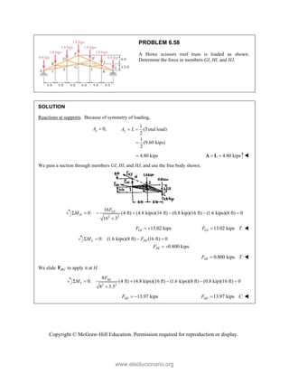 Copyright © McGraw-Hill Education. Permission required for reproduction or display.
PROBLEM 6.58
A Howe scissors roof truss is loaded as shown.
Determine the force in members GI, HI, and HJ.
SOLUTION
Reactions at supports. Because of symmetry of loading,
0,
x
A 
1
(Total load)
2
1
(9.60 kips)
2
y
A L
 

4.80 kips
 4.80 kips
 
A L 
We pass a section through members GI, HI, and HJ, and use the free body shown.
2 2
16
0: (4 ft) (4.8 kips)(16 ft) (0.8 kip)(16 ft) (1.6 kips)(8 ft) 0
16 3
GI
H
F
M
      

13.02 kips
GI
F   13.02 kips
GI
F T
 
0: (1.6 kips)(8 ft) (16 ft) 0
0.800 kips
L HI
HI
M F
F
   
 
0.800 kips
HI
F T
 
We slide HG
F to apply it at H.
2 2
8
0: (4 ft) (4.8 kips)(16 ft) (1.6 kips)(8 ft) (0.8 kip)(16 ft) 0
8 3.5
HJ
I
F
M
     

13.97 kips
HJ
F   13.97 kips
HJ
F C
 
www.elsolucionario.org
 
