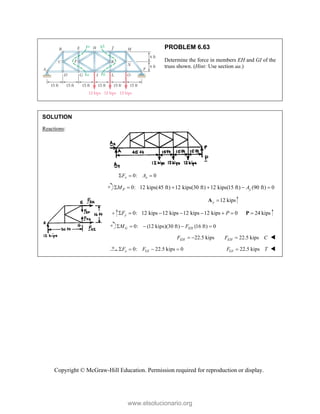 Copyright © McGraw-Hill Education. Permission required for reproduction or display.
PROBLEM 6.63
Determine the force in members EH and GI of the
truss shown. (Hint: Use section aa.)
SOLUTION
Reactions:
0: 0
x x
F A
  
0: 12 kips(45 ft) 12 kips(30 ft) 12 kips(15 ft) (90 ft) 0
P y
M A
     
12 kips
y 
A
0: 12 kips 12 kips 12 kips 12 kips 0
y
F P
       24 kips

P
0: (12 kips)(30 ft) (16 ft) 0
G EH
M F
    
22.5 kips
EH
F   22.5 kips
EH
F C
 
0: 22.5 kips 0
x GI
F F
    22.5 kips
GI
F T
 
www.elsolucionario.org
 