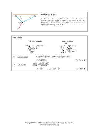 SOLUT
(a) L
(b) L
TION
F
Law of cosines
Law of sines
Free-Body D
2
P
P
sin
600 N
β
β
PROB
For the
allowabl
Determi
(b) the c
iagram
2 2
(600) (7
= +
784.02 N
P =
sin(25 4
N 784.02 N
° +
=
46.0
β = °
LEM 2.58
cables of Pro
le tension is 6
ne (a) the ma
corresponding
2
750) 2(600
−
45 )
N
°
46.0
α
∴ = °
oblem 2.46, it
600 N in cabl
aximum force
value of α.
For
)(750)cos(25°
25
° + °
t is known tha
e AC and 750
e P that can b
rce Triangle
45 )
° + °
at the maximu
0 N in cable B
be applied at
784 N
P =
71.0
α = °
um
BC.
C,
Copyright © McGraw-Hill Education. Permission required for reproduction or display.
www.elsolucionario.org
 