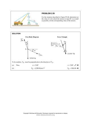 SOLUT
To be sm
(a) T
(b)
TION
F
mallest, BC
T m
Thus,
Free-Body D
must be perpen
α =
BC
T =
P
F
th
as
iagram
ndicular to the
5.00
= °
(1200 lb)sin
=
PROBLEM
or the situatio
he value of α f
s possible, (b)
e direction of
n 5°
2.59
on described i
for which the
) the correspon
For
.
AC
T
n Figure P2.4
tension in rop
nding value of
rce Triangle
α
T
48, determine
pe BC is as sm
f the tension.
5.00
α = °
104.6 lb
BC
T =
(a)
mall
Copyright © McGraw-Hill Education. Permission required for reproduction or display.
www.elsolucionario.org
 