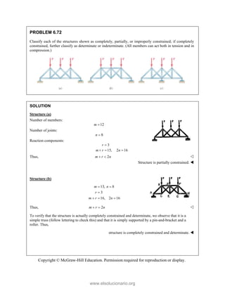 Copyright © McGraw-Hill Education. Permission required for reproduction or display.
PROBLEM 6.72
Classify each of the structures shown as completely, partially, or improperly constrained; if completely
constrained, further classify as determinate or indeterminate. (All members can act both in tension and in
compression.)
SOLUTION
Structure (a)
Number of members:
12

m
Number of joints:
8
n 
Reaction components:
3
15, 2 16
r
m r n

  
Thus, 2
m r n
  
Structure is partially constrained. 
Structure (b)
13, 8
3
16, 2 16
 

  
m n
r
m r n
Thus, 2
 
m r n 
To verify that the structure is actually completely constrained and determinate, we observe that it is a
simple truss (follow lettering to check this) and that it is simply supported by a pin-and-bracket and a
roller. Thus,
structure is completely constrained and determinate. 
www.elsolucionario.org
 