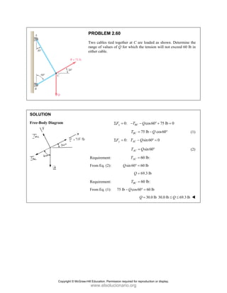 SOLUT
Free-Bo
TION
ody Diagram
PROBLE
Two cables
range of va
either cable
Requireme
From Eq. (
Requireme
From Eq. (
EM 2.60
s tied together
alues of Q for
e.
0:
x
F
Σ =
0:
y
F
Σ =
ent:
(2): s
Q
ent:
(1): 75 lb −
r at C are loa
which the ten
co
BC
T Q
− −
75 lb
BC
T =
sin
AC
T Q
−
sin
AC
T Q
=
60 lb
AC
T =
sin60 60 lb
° =
69.3
Q =
60 lb
BC
T =
cos60 6
Q
− ° =
30
Q =
aded as shown
nsion will not
os60 75 lb
° + =
b cos60
Q
− °
60 0
° =
n60°
b:
lb
b:
0 lb
0.0 lb 30.0 lb
n. Determine
t exceed 60 lb
0
=
69.3 lb
Q
≤ ≤
the
b in
(1)
(2)
Copyright © McGraw-Hill Education. Permission required for reproduction or display.
www.elsolucionario.org
 