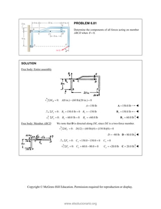 Copyright © McGraw-Hill Education. Permission required for reproduction or display.
PROBLEM 6.81
Determine the components of all forces acting on member
ABCD when 0.
 
SOLUTION
Free body: Entire assembly
0: (8 in.) (60 lb)(20 in.) 0
   
B
M A
150 lb

A 150.0 lb

A 
0: 150.0 lb 0 150 lb
x x x
F B B
      150.0 lb
x 
B 
0: 60.0 lb 0 60.0 lb
y y y
F B B
      60.0 lb
y 
B 
Free body: Member ABCD We note that D is directed along DE, since DE is a two-force member.
0: (12) (60 lb)(4) (150 lb)(8) 0
C
M D
    
80 lb
D   80.0 lb

D 
0: 150.0 150.0 0 0
x x x
F C C
     
0: 60.0 80.0 0 20.0 lb
y y y
F C C
       20.0 lb

C 
www.elsolucionario.org
 