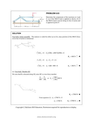 Copyright © McGraw-Hill Education. Permission required for reproduction or display.
PROBLEM 6.83
Determine the components of the reactions at A and
E, (a) if the 800-N load is applied as shown, (b) if
the 800-N load is moved along its line of action and
is applied at point D.
SOLUTION
Free body: Entire assembly. The analysis is valid for either (a) or (b), since position of the 800-N force
on its line of action is immaterial.
0: (1200) (800 N)(900) 0
A y
M E
   
600 N
y 
E 
0: 0 (1)
x x x
F A E
   
0: 600 800 0
y y
F A
     200 N
y 
A 
(a) Free body: Member BE:
We note that E is directed along EB, since BE is a two-force member.
900
or 600 N
900 200 200
y
x
x
E
E
E
 
   
 
2700 N
x 
E 
From equation (1): 2700 N 0
x
A  
2700 N
x
A  2700 N
x 
A 
www.elsolucionario.org
 