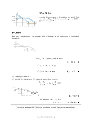 Copyright © McGraw-Hill Education. Permission required for reproduction or display.
PROBLEM 6.84
Determine the components of the reactions at D and E if the
frame is loaded by a clockwise couple of magnitude 150 N·m
applied (a) at A, (b) at B.
SOLUTION
Free body: Entire assembly. The analysis is valid for either (a) or (b), since position of the couple is
immaterial.
0: (0.6 m) (150 N m) 0
D y
M E
    
250 N
y 
E 
0: 0 (1)
x x x
F D E
   
0: 250 N 0
y y
F D
    250 N
y 
D 
(a) Free body: Member BCE:
We note that E is directed along EC, since BCE is a two-force member.
1.2
or 250 N
1.2 0.40 0.40
y
x
x
E
E
E
 
   
 
750 N
x 
E 
From equation (1): D 750 N 0
x  
750 N
x
D  750 N
x 
D 
www.elsolucionario.org
 