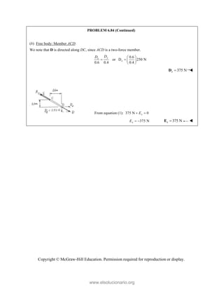 Copyright © McGraw-Hill Education. Permission required for reproduction or display.
PROBLEM 6.84 (Continued)
(b) Free body: Member ACD:
We note that D is directed along DC, since ACD is a two-force member.
0.6
or D 250 N
0.6 0.4 0.4
y
x
x
D
D  
   
 
375 N
x 
D 
From equation (1): 375 N 0
x
E
 
375 N
x
E   375 N
x 
E 
www.elsolucionario.org
 