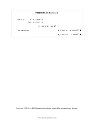 Copyright © McGraw-Hill Education. Permission required for reproduction or display.
PROBLEM 6.85 (Continued)
From Eq. (1): 750 N 0
150 N 750 N 0
y y
y
A E
E
  
  
600 N 600 N
y y
E  
E
Thus, reactions are 300 N
x 
A , 150.0 N
y 
A 
300 N
x 
E , 600 N
y 
E 
www.elsolucionario.org
 