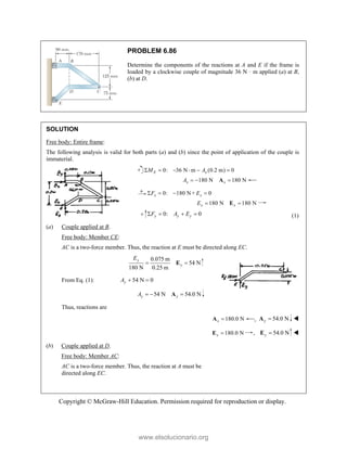 Copyright © McGraw-Hill Education. Permission required for reproduction or display.
PROBLEM 6.86
Determine the components of the reactions at A and E if the frame is
loaded by a clockwise couple of magnitude 36 N · m applied (a) at B,
(b) at D.
SOLUTION
Free body: Entire frame:
The following analysis is valid for both parts (a) and (b) since the point of application of the couple is
immaterial.
0: 36 N m (0.2 m) 0
     
E x
M A
180 N 180 N
x x
A   
A
0: 180 N + 0
   
x x
F E
180 N 180 N
 
E
x x
E
0: 0
y y y
F A E
    (1)
(a) Couple applied at B.
Free body: Member CE:
AC is a two-force member. Thus, the reaction at E must be directed along EC.
0.075 m
54 N
180 N 0.25 m
 
E
y
y
E
From Eq. (1): 54 N 0
y
A  
54 N 54.0 N
y y
A   
A
Thus, reactions are
180.0 N
x 
A , 54.0 N
y 
A 
180.0 N
x 
E , 54.0 N

Ey 
(b) Couple applied at D.
Free body: Member AC:
AC is a two-force member. Thus, the reaction at A must be
directed along EC.
www.elsolucionario.org
 