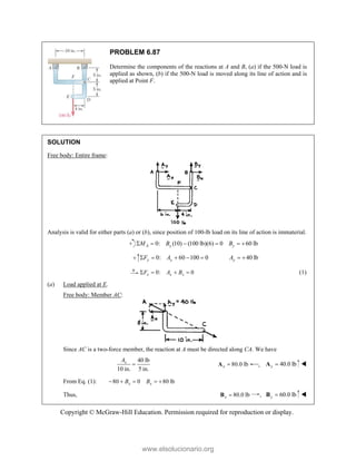 Copyright © McGraw-Hill Education. Permission required for reproduction or display.
PROBLEM 6.87
Determine the components of the reactions at A and B, (a) if the 500-N load is
applied as shown, (b) if the 500-N load is moved along its line of action and is
applied at Point F.
SOLUTION
Free body: Entire frame:
Analysis is valid for either parts (a) or (b), since position of 100-lb load on its line of action is immaterial.
0: (10) (100 lb)(6) 0 60 lb
A y y
M B B
     
0: 60 100 0 40 lb
y y y
F A A
      
0: 0
x x x
F A B
    (1)
(a) Load applied at E.
Free body: Member AC:
Since AC is a two-force member, the reaction at A must be directed along CA. We have
40 lb
10 in. 5 in.
x
A
 80.0 lb
x 
A , 40.0 lb
y 
A 
From Eq. (1): 80 0 80 lb
x x
B B
    
Thus, 80.0 lb
x 
B , 60.0 lb
y 
B 
www.elsolucionario.org
 