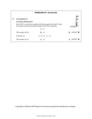 Copyright © McGraw-Hill Education. Permission required for reproduction or display.
PROBLEM 6.87 (Continued)
(b) Load applied at F.
Free body: Member BCD:
Since BCD is a two-force member (with forces applied at B and C only),
the reaction at B must be directed along CB. We have, therefore,
0
x
B 
The reaction at B is 0
x 
B 60.0 lb
y 
B 
From Eq. (1): 0 0 0
x x
A A
  
The reaction at A is 0
x 
A 40.0 lb
y 
A 
www.elsolucionario.org
 