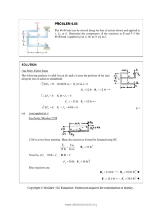 Copyright © McGraw-Hill Education. Permission required for reproduction or display.
PROBLEM 6.88
The 48-lb load can be moved along the line of action shown and applied at
A, D, or E. Determine the components of the reactions at B and F if the
48-lb load is applied (a) at A, (b) at D, (c) at E.
SOLUTION
Free body: Entire frame
The following analysis is valid for (a), (b) and (c) since the position of the load
along its line of action is immaterial.
0: (48lb)(8 in.) (12 in.) 0
F x
M B
   
32 lb 32 lb
x x
B  
B
0: 32 lb+ 0
x x
F F
  
32 lb 32 lb
x x
F   
F
0: 48 lb 0
y y y
F B F
     (1)
(a) Load applied at A.
Free body: Member CDB
CDB is a two-force member. Thus, the reaction at B must be directed along BC.
5 in.
10 lb
32 lb 16 in.
y
y
B
 
B
From Eq. (1): 10 lb 48 lb 0
y
F
  
38 lb 38 lb
y y
F  
F
Thus reactions are:
32.0 lb
x 
B , 10.00 lb
y 
B 
32.0 lb
x 
F , 38.0 lb
y 
F 
www.elsolucionario.org
 