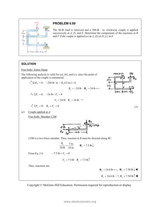 Copyright © McGraw-Hill Education. Permission required for reproduction or display.
PROBLEM 6.89
The 48-lb load is removed and a 288-lb · in. clockwise couple is applied
successively at A, D, and E. Determine the components of the reactions at B
and F if the couple is applied (a) at A, (b) at D, (c) at E.
SOLUTION
Free body: Entire frame
The following analysis is valid for (a), (b), and (c), since the point of
application of the couple is immaterial.
0: 288 lb in. (12 in.) 0
F x
M B
     
24 lb 24 lb
x x
B   
B
0: 24 lb+ 0
x x
F F
   
24 lb 24 lb
x x
F  
F
0: 0
y y y
F B F
    (1)
(a) Couple applied at A.
Free body: Member CDB
CDB is a two-force member. Thus, reaction at B must be directed along BC.
5 in.
7.5 lb
24 lb 16 in.
y
y
B
 
B
From Eq. (1): 7.5 lb 0
y
F
  
7.5 lb 7.5 lb
y y
F  
F
Thus, reactions are:
24.0 lb
x 
B , 7.50 lb
y 
B 
24.0 lb
x 
F , 7.50 lb
y 
F 
www.elsolucionario.org
 