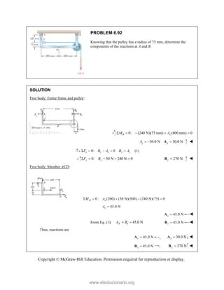 Copyright © McGraw-Hill Education. Permission required for reproduction or display.
PROBLEM 6.92
Knowing that the pulley has a radius of 75 mm, determine the
components of the reactions at A and B.
SOLUTION
Free body: Entire frame and pulley:
0: (240 N)(75 mm) (600 mm) 0
B y
M A
    
30.0 N 30.0 N
y y
A   
A 
0: 0 (1)
x x x x x
F B A B A
    
0: 30 N 240 N 0
y y
F B
     270 N
y 
B 
Free body: Member ACD:
0 : (200) (30 N)(300) (240 N)(75) 0
D x
M A
    
45.0 N
x
A 
45.0 N
x 
A 
From Eq. (1): 45.0 N
X x
A B
  45.0 N
x 
B 
Thus, reactions are
45.0 N
x 
A , 30.0 N
y 
A 
45.0 N
x 
B , 270 N
y 
B 
www.elsolucionario.org
 