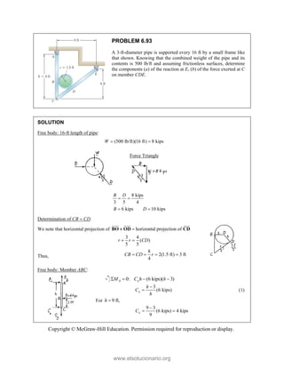 Copyright © McGraw-Hill Education. Permission required for reproduction or display.
PROBLEM 6.93
A 3-ft-diameter pipe is supported every 16 ft by a small frame like
that shown. Knowing that the combined weight of the pipe and its
contents is 500 lb/ft and assuming frictionless surfaces, determine
the components (a) of the reaction at E, (b) of the force exerted at C
on member CDE.
SOLUTION
Free body: 16-ft length of pipe:
(500 lb/ft)(16 ft) 8 kips
W  
Force Triangle
8 kips
3 5 4
B D
 
6 kips 10 kips
B D
 
Determination of CB  CD.
We note that horizontal projection of horizontal projection of

BO OD CD
  

3 4
( )
5 5
r r CD
 
Thus,
8
2(1.5 ft) 3 ft
4
CB CD r
   
Free body: Member ABC:
0: (6 kips)( 3)
A x
M C h h
   
3
(6 kips)
x
h
C
h

 (1)
For 9 ft,
h 
9 3
(6 kips) 4 kips
9
x
C

 
www.elsolucionario.org
 