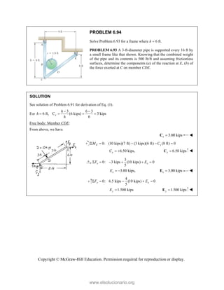 Copyright © McGraw-Hill Education. Permission required for reproduction or display.
PROBLEM 6.94
Solve Problem 6.93 for a frame where h  6 ft.
PROBLEM 6.93 A 3-ft-diameter pipe is supported every 16 ft by
a small frame like that shown. Knowing that the combined weight
of the pipe and its contents is 500 lb/ft and assuming frictionless
surfaces, determine the components (a) of the reaction at E, (b) of
the force exerted at C on member CDE.
SOLUTION
See solution of Problem 6.91 for derivation of Eq. (1).
For
3 6 3
6 ft, C (6 kips) 3 kips
6
x
h
h
h
 
   
Free body: Member CDE:
From above, we have
3.00 kips
x 
C 
0: (10 kips)(7 ft) (3 kips)(6 ft) (8 ft) 0
E y
M C
    
6.50 kips,
y
C   6.50 kips
y 
C 
3
0: 3 kips (10 kips) 0
5
x x
F E
     
3.00 kips,
x
E   3.00 kips
x 
E 
4
0: 6.5 kips (10 kips) 0
5
y y
F E
    
1.500 kips
y
E  1.500 kips
y 
E 
www.elsolucionario.org
 