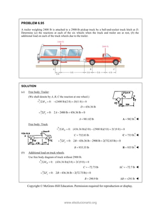 Copyright © McGraw-Hill Education. Permission required for reproduction or display.
PROBLEM 6.95
A trailer weighing 2400 lb is attached to a 2900-lb pickup truck by a ball-and-socket truck hitch at D.
Determine (a) the reactions at each of the six wheels when the truck and trailer are at rest, (b) the
additional load on each of the truck wheels due to the trailer.
SOLUTION
(a) Free body: Trailer:
(We shall denote by A, B, C the reaction at one wheel.)
0: (2400 lb)(2 ft) (11ft) 0
A
M D
    
436.36 lb
D 
0: 2 2400 lb 436.36 lb 0
y
F A
    
981.82 lb
A  982 lb

A 
Free body: Truck.
0: (436.36 lb)(3 ft) (2900 lb)(5 ft) 2 (9 ft) 0
B
M C
    
732.83 lb
C  733 lb

C 
0: 2 436.36 lb 2900 lb 2(732.83lb) 0
y
F B
     
935.35 lb
B  935 lb

B 
(b) Additional load on truck wheels.
Use free body diagram of truck without 2900 lb.
0: (436.36 lb)(3 ft) 2 (9 ft) 0
B
M C
   
72.73 lb
C   72.7 lb
C
   
0: 2 436.36 lb 2(72.73lb) 0
y
F B
    
290.9 lb
B  291lb
B
   
www.elsolucionario.org
 