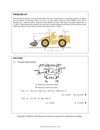 Copyright © McGraw-Hill Education. Permission required for reproduction or display.
PROBLEM 6.97
The cab and motor units of the front-end loader shown are connected by a vertical pin located 2 m behind
the cab wheels. The distance from C to D is 1 m. The center of gravity of the 300-kN motor unit is
located at Gm, while the centers of gravity of the 100-kN cab and 75-kN load are located, respectively, at
Gc and Gl. Knowing that the machine is at rest with its brakes released, determine (a) the reactions at each
of the four wheels, (b) the forces exerted on the motor unit at C and D.
SOLUTION
(a) Free body: Entire machine:

A Reaction at each front wheel

B Reaction at each rear wheel
0: 75(3.2 m) 100(1.2 m) 2 (4.8 m) 300(5.6 m) 0
A
M B
     
2 325 kN
B  162.5 kN

B 
0: 2 325 75 100 300 0
y
F A
      
2 150 kN
A  75.0 kN

A 
www.elsolucionario.org
 