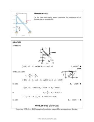 Copyright © McGraw-Hill Education. Permission required for reproduction or display.
PROBLEM 6.102
For the frame and loading shown, determine the components of all
forces acting on member ABE.
SOLUTION
FBD Frame:
0: (1.2 m)(2400 N) (4.8 m) 0
F y
M E
    600 N
y 
E 
FBD member BC:
4.8 8
5.4 9
y x x
C C C
 
0: (2.4 m) (1.2 m)(2400 N) 0 1200 N
C y y
M B B
    
On ABE: 1200 N
y 
B 
0: 1200 N 2400 N 0 3600 N
y y y
F C C
      
so
9
4050 N
8
x y x
C C C
 
0: 0 4050 N
x x x x
F B C B
      on BC
On ABE: 4050 N
x 
B 
PROBLEM 6.102 (Continued)
www.elsolucionario.org
 