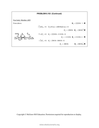 Copyright © McGraw-Hill Education. Permission required for reproduction or display.
PROBLEM 6.103 (Continued)
Free body: Member ABD:
From above: 2220 lb
x 
D 
0: (18 in.) (600 lb)(6 in.) 0
B y
M D
   
200 lb
y
D   200 lb
y 
D 
0: 2220 lb 1110 lb 0
x x
F B
    
1110 lb
x
B   1110 lb
x 
B 
0: 200 lb 600 lb 0
y y
F B
    
800 lb
y
B   800 lb
y 
B 
www.elsolucionario.org
 