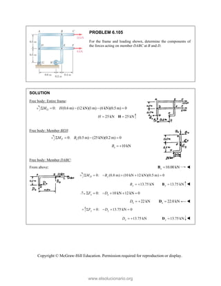 Copyright © McGraw-Hill Education. Permission required for reproduction or display.
PROBLEM 6.105
For the frame and loading shown, determine the components of
the forces acting on member DABC at B and D.
SOLUTION
Free body: Entire frame:
0: (0.6 m) (12 kN)(1m) (6 kN)(0.5 m) 0
G
M H
    
25 kN 25 kN
H  
H
Free body: Member BEH:
0: (0.5 m) (25 kN)(0.2 m) 0
F x
M B
   
10 kN
x
B  
Free body: Member DABC:
From above: 10.00 kN
x 
B 
0: (0.8 m) (10 kN 12 kN)(0.5 m) 0
D y
M B
     
13.75 kN
y
B   13.75 kN
y 
B 
0: 10 kN 12 kN 0
x x
F D
     
22 kN
x
D   22.0 kN
x 
D 
0: 13.75 kN 0
y y
F D
    
13.75 kN
y
D   13.75 kN
y 
D 
www.elsolucionario.org
 