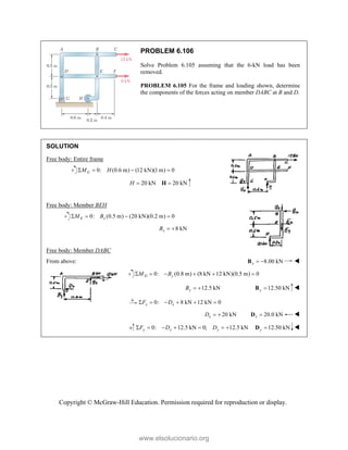 Copyright © McGraw-Hill Education. Permission required for reproduction or display.
PROBLEM 6.106
Solve Problem 6.105 assuming that the 6-kN load has been
removed.
PROBLEM 6.105 For the frame and loading shown, determine
the components of the forces acting on member DABC at B and D.
SOLUTION
Free body: Entire frame
0: (0.6 m) (12 kN)(1 m) 0
G
M H
   
20 kN 20 kN
H  
H
Free body: Member BEH
0: (0.5 m) (20 kN)(0.2 m) 0
E x
M B
   
8 kN
x
B  
Free body: Member DABC
From above: 8.00 kN
x  
B 
0: (0.8 m) (8 kN 12 kN)(0.5 m) 0
D y
M B
     
12.5 kN
y
B   12.50 kN
y 
B 
0: 8 kN 12 kN 0
x x
F D
     
20 kN
x
D   20.0 kN
x 
D 
0: 12.5 kN 0; 12.5 kN
y y y
F D D
       12.50 kN
y 
D 
www.elsolucionario.org
 