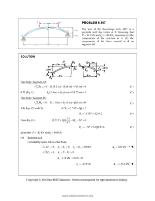 Copyright © McGraw-Hill Education. Permission required for reproduction or display.
PROBLEM 6.107
The axis of the three-hinge arch ABC is a
parabola with the vertex at B. Knowing that
P  112 kN and Q  140 kN, determine (a) the
components of the reaction at A, (b) the
components of the force exerted at B on
segment AB.
SOLUTION
Free body: Segment AB:
0: (3.2 m) (8 m) (5 m) 0
A x y
M B B P
     (1)
0.75 (Eq. 1): (2.4 m) (6 m) (3.75 m) 0
x y
B B P
   (2)
Free body: Segment BC:
0: (1.8 m) (6 m) (3 m) 0
C x y
M B B Q
     (3)
Add Eqs. (2) and (3): 4.2 3.75 3 0
x
B P Q
  
(3.75 3 )/4.2
x
B P Q
  (4)
From Eq. (1):
3.2
(3.75 3 ) 8 5 0
4.2
y
P Q B P
   
( 9 9.6 )/33.6
y
B P Q
   (5)
given that 112 kN and 140 kN.
P Q
 
(a) Reaction at A.
Considering again AB as a free body,
0: 0; 200 kN
x x x x x
F A B A B
      200 kN
x 
A 
0: 0
y y y
F A P B
    
112 kN 10 kN 0
y
A   
122 kN
y
A   122.0 kN
y 
A 
www.elsolucionario.org
 