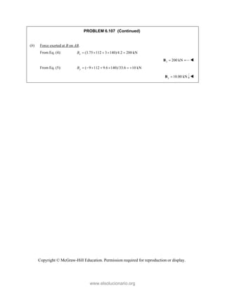 Copyright © McGraw-Hill Education. Permission required for reproduction or display.
PROBLEM 6.107 (Continued)
(b) Force exerted at B on AB.
From Eq. (4): (3.75 112 3 140)/4.2 200 kN
x
B     
200 kN
x 
B 
From Eq. (5): ( 9 112 9.6 140)/33.6 10 kN
y
B       
10.00 kN
y 
B 
www.elsolucionario.org
 
