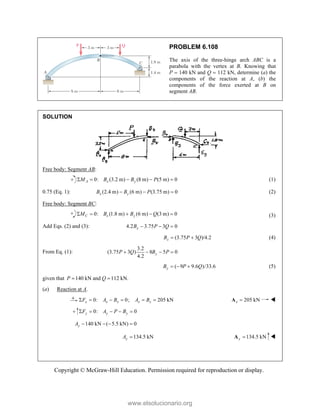 Copyright © McGraw-Hill Education. Permission required for reproduction or display.
PROBLEM 6.108
The axis of the three-hinge arch ABC is a
parabola with the vertex at B. Knowing that
P  140 kN and Q  112 kN, determine (a) the
components of the reaction at A, (b) the
components of the force exerted at B on
segment AB.
SOLUTION
Free body: Segment AB:
0: (3.2 m) (8 m) (5 m) 0
A x y
M B B P
     (1)
0.75 (Eq. 1): (2.4 m) (6 m) (3.75 m) 0
x y
B B P
   (2)
Free body: Segment BC:
0: (1.8 m) (6 m) (3 m) 0
C x y
M B B Q
     (3)
Add Eqs. (2) and (3): 4.2 3.75 3 0
x
B P Q
  
(3.75 3 )/4.2
x
B P Q
  (4)
From Eq. (1):
3.2
(3.75 3 ) 8 5 0
4.2
y
P Q B P
   
( 9 9.6 )/33.6
y
B P Q
   (5)
given that 140 kN and 112 kN.
P Q
 
(a) Reaction at A.
0: 0; 205 kN
x x x x x
F A B A B
      205 kN
x 
A 
0: 0
y y y
F A P B
    
140 kN ( 5.5 kN) 0
y
A    
134.5 kN
y
A  134.5 kN
y 
A 
www.elsolucionario.org
 