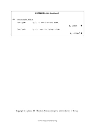 Copyright © McGraw-Hill Education. Permission required for reproduction or display.
PROBLEM 6.108 (Continued)
(b) Force exerted at B on AB.
From Eq. (4): (3.75 140 3 112)/4.2 205 kN
x
B     
205 kN
x 
B 
From Eq. (5): ( 9 140 9.6 112)/33.6 5.5 kN
y
B       
5.50 kN
y 
B 
www.elsolucionario.org
 