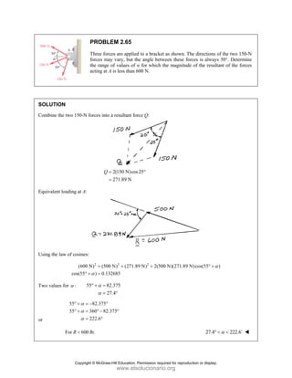 PROBLEM 2.65
Three forces are applied to a bracket as shown. The directions of the two 150-N
forces may vary, but the angle between these forces is always 50°. Determine
the range of values of α for which the magnitude of the resultant of the forces
acting at A is less than 600 N.
SOLUTION
Combine the two 150-N forces into a resultant force Q:
2(150 N)cos25
271.89 N
Q = °
=
Equivalent loading at A:
Using the law of cosines:
2 2 2
(600 N) (500 N) (271.89 N) 2(500 N)(271.89 N)cos(55 )
cos(55 ) 0.132685
α
α
= + + ° +
° + =
Two values for :
α 55 82.375
27.4
α
α
° + =
= °
or
55 82.375
55 360 82.375
222.6
α
α
α
° + = − °
° + = ° − °
= °
For 600 lb:
R < 27.4 222.6
α
° < < D
Copyright © McGraw-Hill Education. Permission required for reproduction or display.
www.elsolucionario.org
 