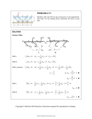Copyright © McGraw-Hill Education. Permission required for reproduction or display.
PROBLEM 6.111
Members ABC and CDE are pin-connected at C and supported by
four links. For the loading shown, determine the force in each
link.
SOLUTION
Member FBDs:
I II
FBD I:
1
0: 0 2
2
B y AF AF y
M aC a F F C
    
FBD II:
1
0: 0 2
2
D y EH EH y
M aC a F F C
   
FBDs combined:
1 1 1 1
0: 0 2 2
2 2 2 2
G AF EH y y
M aP a F a F P C C
      
2
y
P
C 
2
so
2
AF
F P C
 

2
2
EH
F P T
 
FBD I:
1 1 1
0: 0 0
2 2
2 2 2
y AF BG y BG
P P
F F F P C F P
         
0
BG
F  
FBD II:
1 1 1
0: 0 0
2 2
2 2 2
y y DG EH DG
P P
F C F F F
         
2
DG
F P C
 
www.elsolucionario.org
 