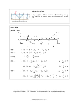 Copyright © McGraw-Hill Education. Permission required for reproduction or display.
PROBLEM 6.112
Members ABC and CDE are pin-connected at C and supported by
four links. For the loading shown, determine the force in each
link.
SOLUTION
Member FBDs:
I II
FBD I: 0: 2 0 2
I y x y x
M aC aC aP C C P
      
FBD II: 0: 2 0 2 0
J y x y x
M aC aC C C
     
Solving, ; as shown.
2 4
x y
P P
C C
 
FBD I:
1
0: 0 2
2
x BG x BG x
F F C F C
     
2
BG
P
F C
 
1 2
0: 0
2 4
2
y AF
P
F F P P
 
     
 
 
  4
AF
P
F C
 
FBD II:
1
0: 0 2
2
x x DG DG x
F C F F C
     
2
DG
P
F C
 
1 2
0: 0
2 4 2 4
2
y y EH EH
P P P
F C P F F
 
         
 
 
  4
EH
P
F T
 
www.elsolucionario.org
 