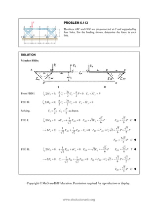 Copyright © McGraw-Hill Education. Permission required for reproduction or display.
PROBLEM 6.113
Members ABC and CDE are pin-connected at C and supported by
four links. For the loading shown, determine the force in each
link.
SOLUTION
Member FBDs:
I II
From FBD I:
3
0: 0 3
2 2 2
J x y x y
a a a
M C C P C C P
      
FBD II:
3
0: 0 3 0
2 2
K x y x y
a a
M C C C C
     
Solving, ; as drawn.
2 6
x y
P P
C C
 
FBD I:
1 2
0: 0 2
6
2
B y AG AG y
M aC a F F C P
     
2
6
AG
F P C
 
1 1 2 2
0: 0 2
6 2
2 2
x AG BF x BF AG x
F F F C F F C P P
         
2 2
3
BF
F P C
 
FBD II:
1 2
0: 0 2
6
2
D EH y EH y
M a F aC F C P
       
2
6
EH
F P T
 
1 1 2 2
0: 0 2
6 2
2 2
x x DI EH DI EH x
F C F F F F C P P
         
2
3
DI
F P C
 
www.elsolucionario.org
 