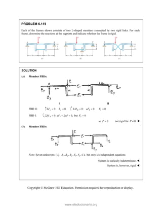 Copyright © McGraw-Hill Education. Permission required for reproduction or display.
PROBLEM 6.119
Each of the frames shown consists of two L-shaped members connected by two rigid links. For each
frame, determine the reactions at the supports and indicate whether the frame is rigid.
SOLUTION
(a) Member FBDs:
I II
FBD II: 0: 0
y y
F B
   2
0: 0
B
M aF
   2 0
F 
FBD I: 2
0: 2 0,
A
M aF aP
    but 2 0
F 
so 0
P  not rigid for 0
P  
(b) Member FBDs:
Note: Seven unknowns 1 2
( , , , , , , ),
x y x y
A A B B F F C but only six independent equations
System is statically indeterminate. 
 System is, however, rigid. 
www.elsolucionario.org
 