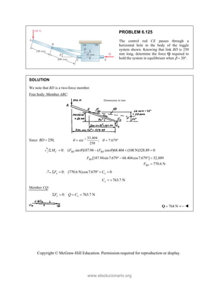 Copyright © McGraw-Hill Education. Permission required for reproduction or display.
PROBLEM 6.125
The control rod CE passes through a
horizontal hole in the body of the toggle
system shown. Knowing that link BD is 250
mm long, determine the force Q required to
hold the system in equilibrium when   20.
SOLUTION
We note that BD is a two-force member.
Free body: Member ABC:
Since 250,
BD  1 33.404
sin ; 7.679
250
 

  
0: ( sin )187.94 ( cos )68.404 (100 N)328.89 0
C BD BD
M F F
 
    
[187.94sin7.679 68.404cos7.679 ] 32,889
770.6 N
BD
BD
F
F
   

0: (770.6 N)cos7.679 0
x x
F C
    
763.7 N
x
C  
Member CQ:
0: 763.7 N
x x
F Q C
   
764 N

Q 
Dimensions in mm
www.elsolucionario.org
 