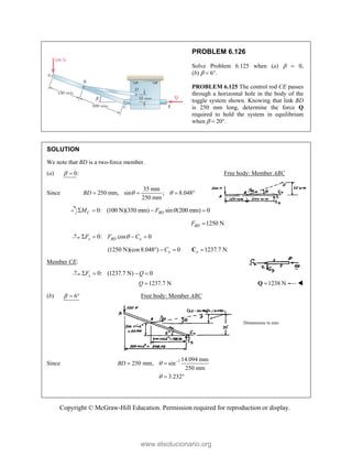 Copyright © McGraw-Hill Education. Permission required for reproduction or display.
PROBLEM 6.126
Solve Problem 6.125 when (a)   0,
(b)   6.
PROBLEM 6.125 The control rod CE passes
through a horizontal hole in the body of the
toggle system shown. Knowing that link BD
is 250 mm long, determine the force Q
required to hold the system in equilibrium
when   20.
SOLUTION
We note that BD is a two-force member.
(a) 0:
  Free body: Member ABC
Since
35 mm
250 mm, sin ; 8.048
250 mm
BD  
   
0: (100 N)(350 mm) sin (200 mm) 0
C BD
M F 
   
1250 N
BD
F 
0: cos 0
x BD x
F F C

   
(1250 N)(cos 8.048 ) 0 1237.7 N
x x
C
   
C
Member CE:
0: (1237.7 N) 0
x
F Q
   
1237.7 N
Q  1238 N

Q 
(b) 6
   Free body: Member ABC
Since 1 14.094 mm
250 mm, sin
250 mm
BD  
 
3.232
  
Dimensions in mm
www.elsolucionario.org
 