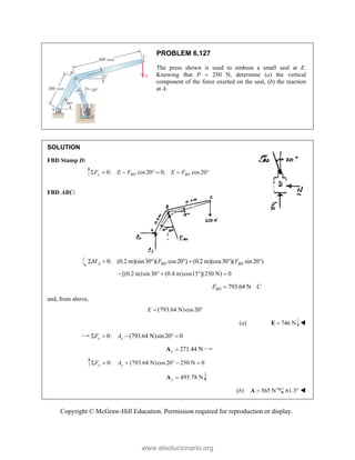 Copyright © McGraw-Hill Education. Permission required for reproduction or display.
PROBLEM 6.127
The press shown is used to emboss a small seal at E.
Knowing that P  250 N, determine (a) the vertical
component of the force exerted on the seal, (b) the reaction
at A.
SOLUTION
FBD Stamp D:
0: cos20 0, cos20
y BD BD
F E F E F
      
FBD ABC:
0: (0.2 m)(sin30 )( cos20 ) (0.2 m)(cos30 )( sin20 )
A BD BD
M F F
      
[(0.2 m)sin30 (0.4 m)cos15 ](250 N) 0
    
793.64 N
BD
F C

and, from above,
(793.64 N)cos20
E  
(a) 746 N

E 
0: (793.64 N)sin20 0
x x
F A
    
271.44 N
x 
A
0: (793.64 N)cos20 250 N 0
y y
F A
     
495.78 N
y 
A
(b) 565 N

A 61.3° 
www.elsolucionario.org
 