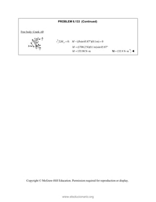 Copyright © McGraw-Hill Education. Permission required for reproduction or display.
PROBLEM 6.133 (Continued)
Free body: Crank AB:
0: ( sin65.87 )(0.1m) 0
A
M M B
    
(1708.2 N)(0.1m)sin65.87
155.90 N m
M
M
 
  155.9 N m
 
M 
www.elsolucionario.org
 
