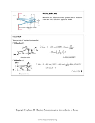 Copyright © McGraw-Hill Education. Permission required for reproduction or display.
PROBLEM 6.148
Determine the magnitude of the gripping forces produced
when two 300-N forces are applied as shown.
SOLUTION
We note that AC is a two-force member.
FBD handle CD:
2.8
0: (126 mm)(300 N) (6 mm)
8.84
D
M A
   
1
(30 mm) 0
8.84
A
 
 
 
 
Dimensions in mm 2863.6 8.84 N
A 
FBD handle AB:
1
0: (132 mm)(300 N) (120 mm) (2863.6 8.84 N)
8.84
(36 mm) 0
  
 
B
M
F
8.45 kN
F  
Dimensions in mm
www.elsolucionario.org
 