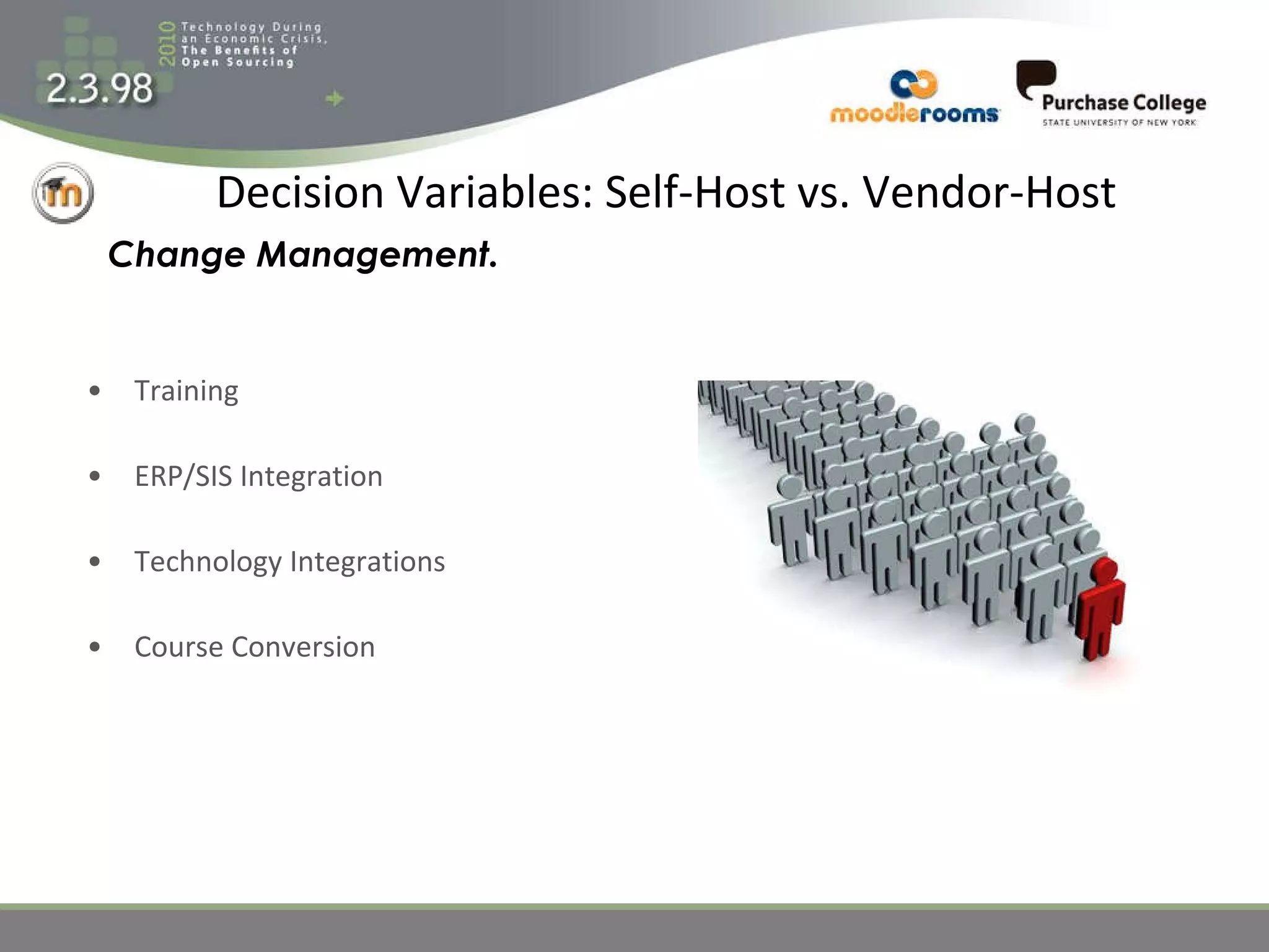 Decision Variables: Self-Host vs. Vendor-Host Training ERP/SIS Integration Technology Integrations Course Conversion Change Management. 