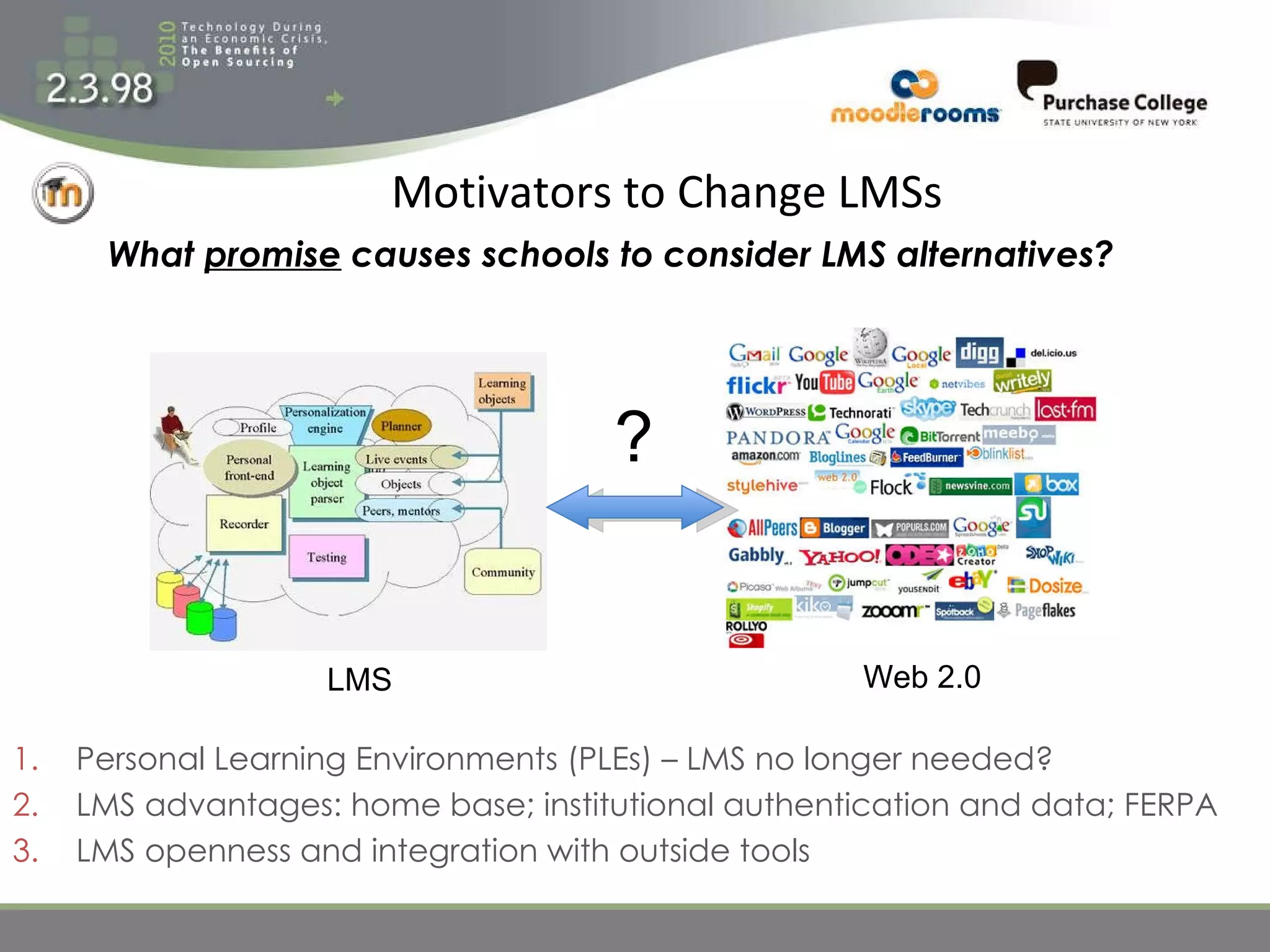 Motivators to Change LMSs What  promise  causes schools to consider LMS alternatives? Personal Learning Environments (PLEs) – LMS no longer needed? LMS advantages: home base; institutional authentication and data; FERPA LMS openness and integration with outside tools LMS Web 2.0 ? 