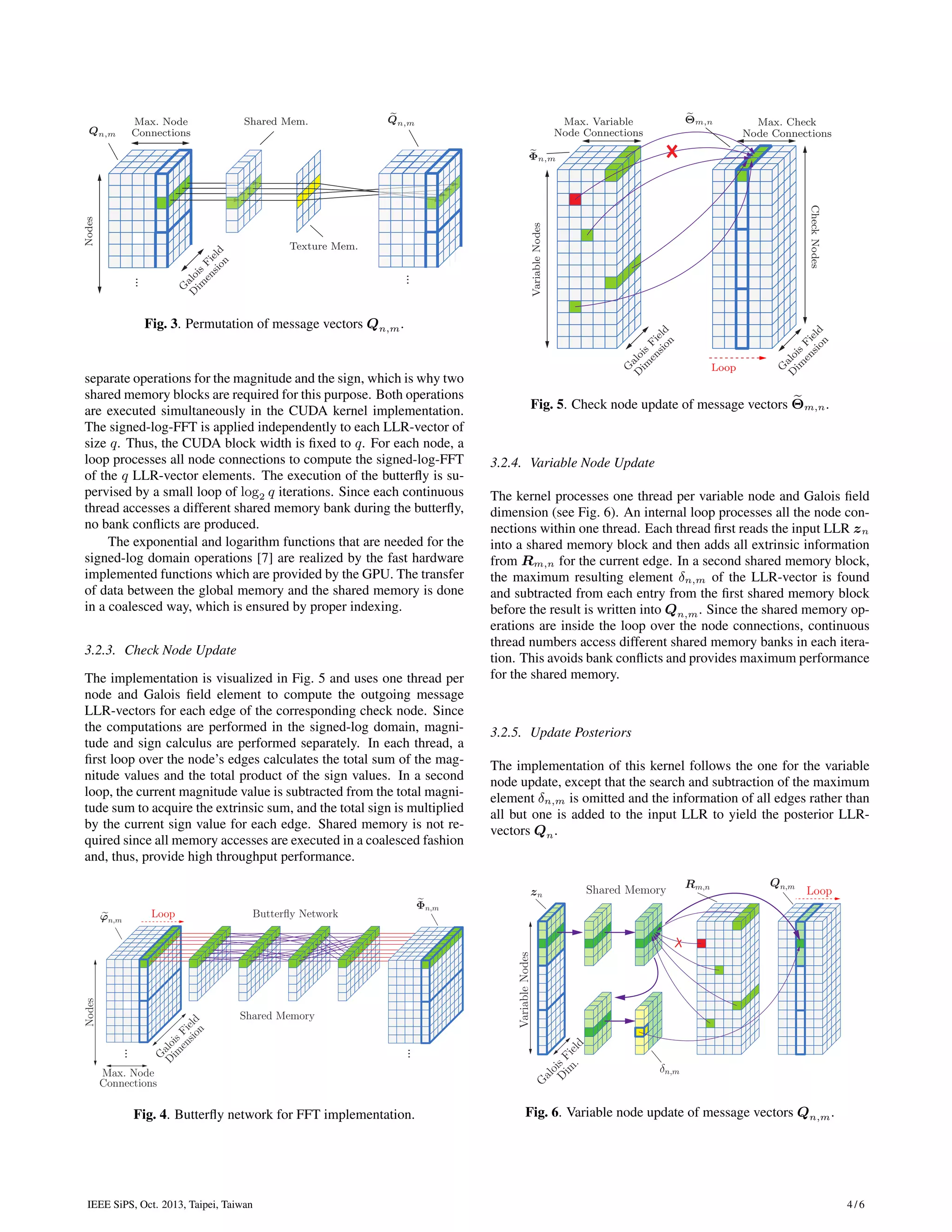 IEEE SiPS, Oct. 2013, Taipei, Taiwan 4 / 6 ... ... Max. Node Connections Nodes G alois Field D im ension Shared Mem. Texture Mem. Qn,m Qn,m Fig. 3. Permutation of message vectors Qn,m. separate operations for the magnitude and the sign, which is why two shared memory blocks are required for this purpose. Both operations are executed simultaneously in the CUDA kernel implementation. The signed-log-FFT is applied independently to each LLR-vector of size q. Thus, the CUDA block width is ﬁxed to q. For each node, a loop processes all node connections to compute the signed-log-FFT of the q LLR-vector elements. The execution of the butterﬂy is su- pervised by a small loop of log2 q iterations. Since each continuous thread accesses a different shared memory bank during the butterﬂy, no bank conﬂicts are produced. The exponential and logarithm functions that are needed for the signed-log domain operations [7] are realized by the fast hardware implemented functions which are provided by the GPU. The transfer of data between the global memory and the shared memory is done in a coalesced way, which is ensured by proper indexing. 3.2.3. Check Node Update The implementation is visualized in Fig. 5 and uses one thread per node and Galois ﬁeld element to compute the outgoing message LLR-vectors for each edge of the corresponding check node. Since the computations are performed in the signed-log domain, magni- tude and sign calculus are performed separately. In each thread, a ﬁrst loop over the node’s edges calculates the total sum of the mag- nitude values and the total product of the sign values. In a second loop, the current magnitude value is subtracted from the total magni- tude sum to acquire the extrinsic sum, and the total sign is multiplied by the current sign value for each edge. Shared memory is not re- quired since all memory accesses are executed in a coalesced fashion and, thus, provide high throughput performance. NODES NODES ... ... Max. Node Connections Nodes G alois Field D im ension Shared Memory Butterﬂy NetworkLoopϕn,m Φn,m Fig. 4. Butterﬂy network for FFT implementation. Max. Variable Node Connections Max. Check Node Connections VariableNodes CheckNodes G alois Field D im ension G alois Field D im ension Loop Φn,m Θm,n Fig. 5. Check node update of message vectors Θm,n. 3.2.4. Variable Node Update The kernel processes one thread per variable node and Galois ﬁeld dimension (see Fig. 6). An internal loop processes all the node con- nections within one thread. Each thread ﬁrst reads the input LLR zn into a shared memory block and then adds all extrinsic information from Rm,n for the current edge. In a second shared memory block, the maximum resulting element δn,m of the LLR-vector is found and subtracted from each entry from the ﬁrst shared memory block before the result is written into Qn,m. Since the shared memory op- erations are inside the loop over the node connections, continuous thread numbers access different shared memory banks in each itera- tion. This avoids bank conﬂicts and provides maximum performance for the shared memory. 3.2.5. Update Posteriors The implementation of this kernel follows the one for the variable node update, except that the search and subtraction of the maximum element δn,m is omitted and the information of all edges rather than all but one is added to the input LLR to yield the posterior LLR- vectors Qn. NODES VariableNodes G alois Field D im . LoopShared Memoryzn δn,m Rm,n Qn,m Fig. 6. Variable node update of message vectors Qn,m. 